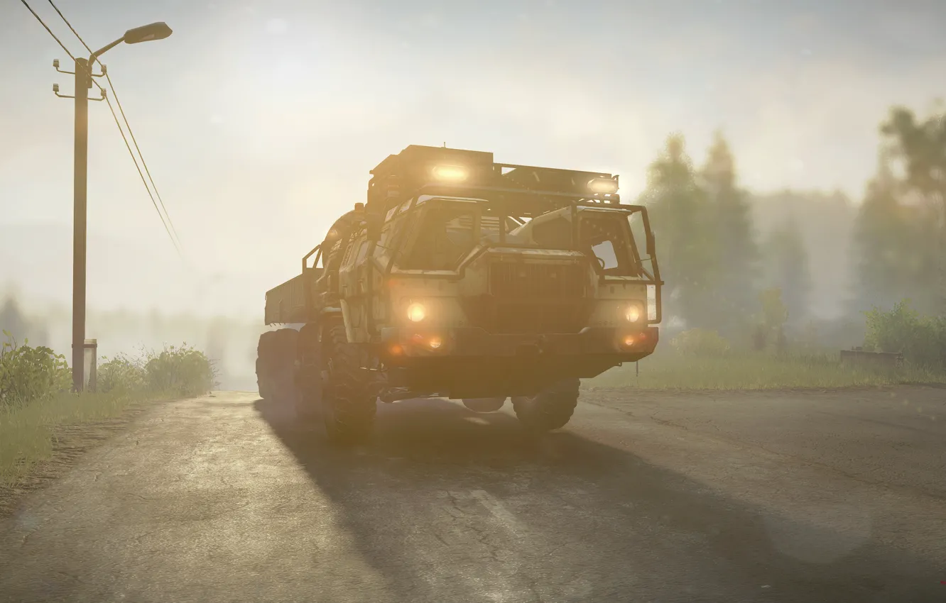 Photo wallpaper lights, HDR, game, trees, military, street, fog, truck