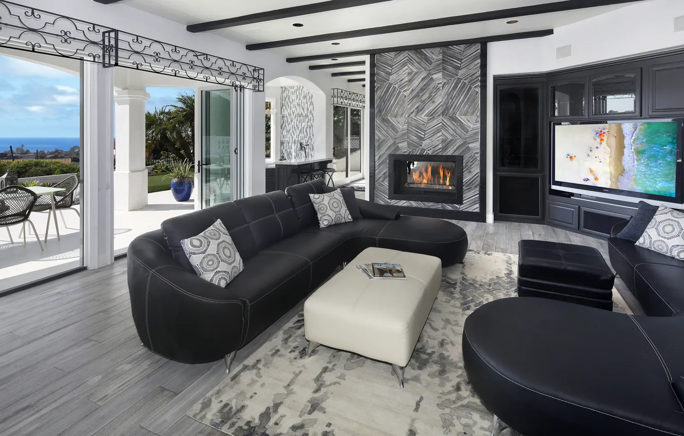 Photo wallpaper design, sofa, fireplace, mansion, luxury, living room