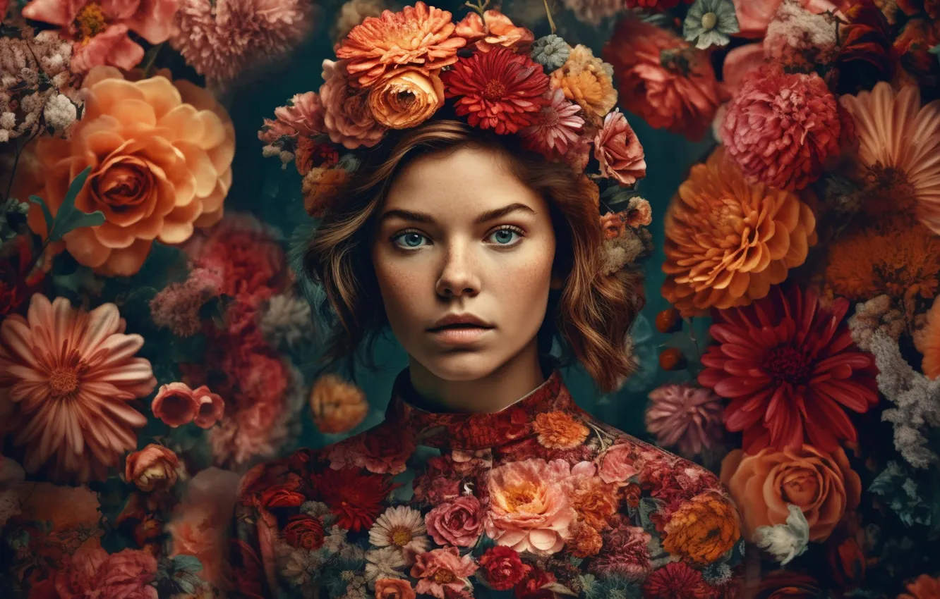 Photo wallpaper look, girl, flowers, AI art, neural network