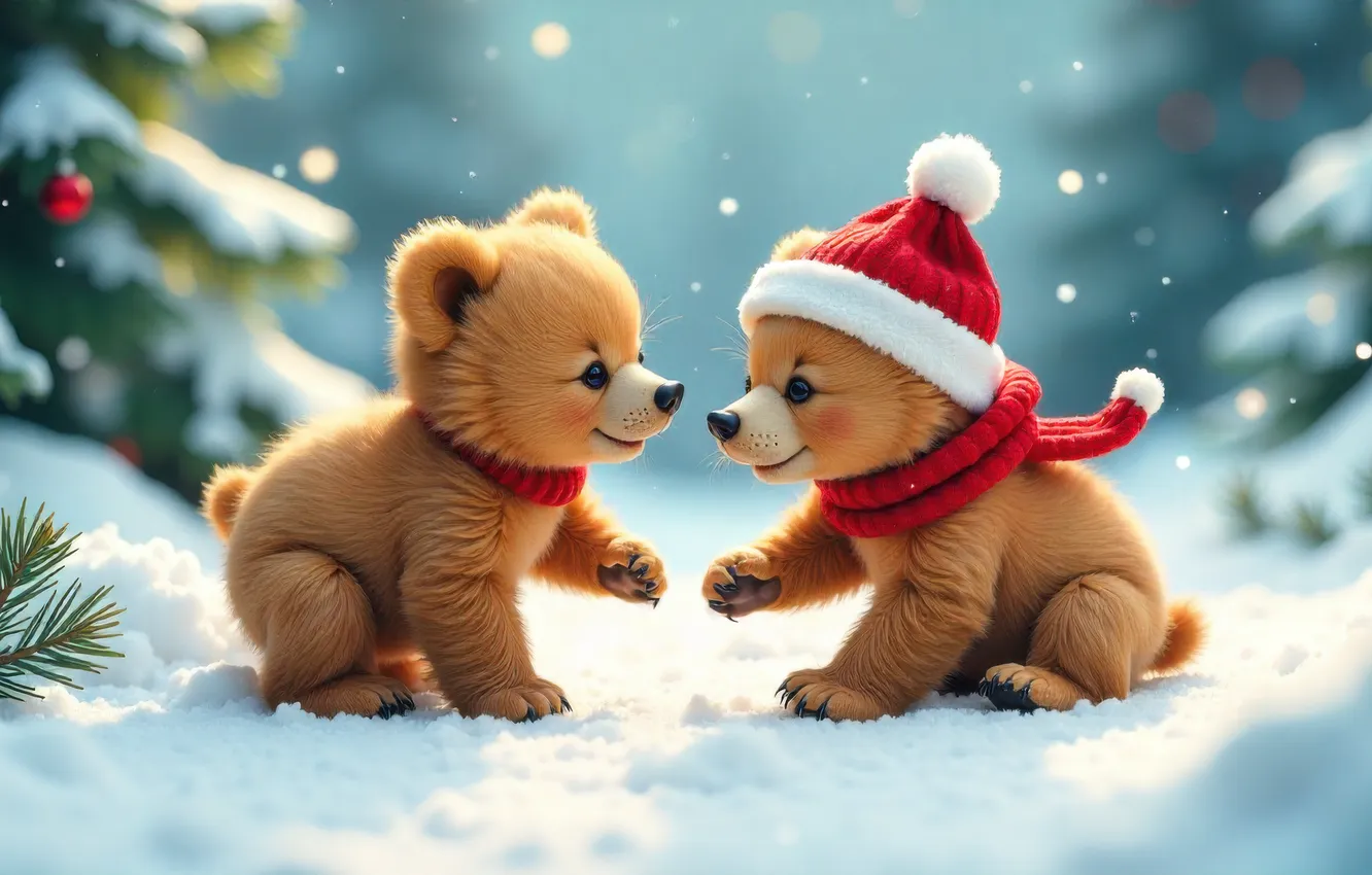 Photo wallpaper winter, forest, light, snow, glade, hat, the game, new year