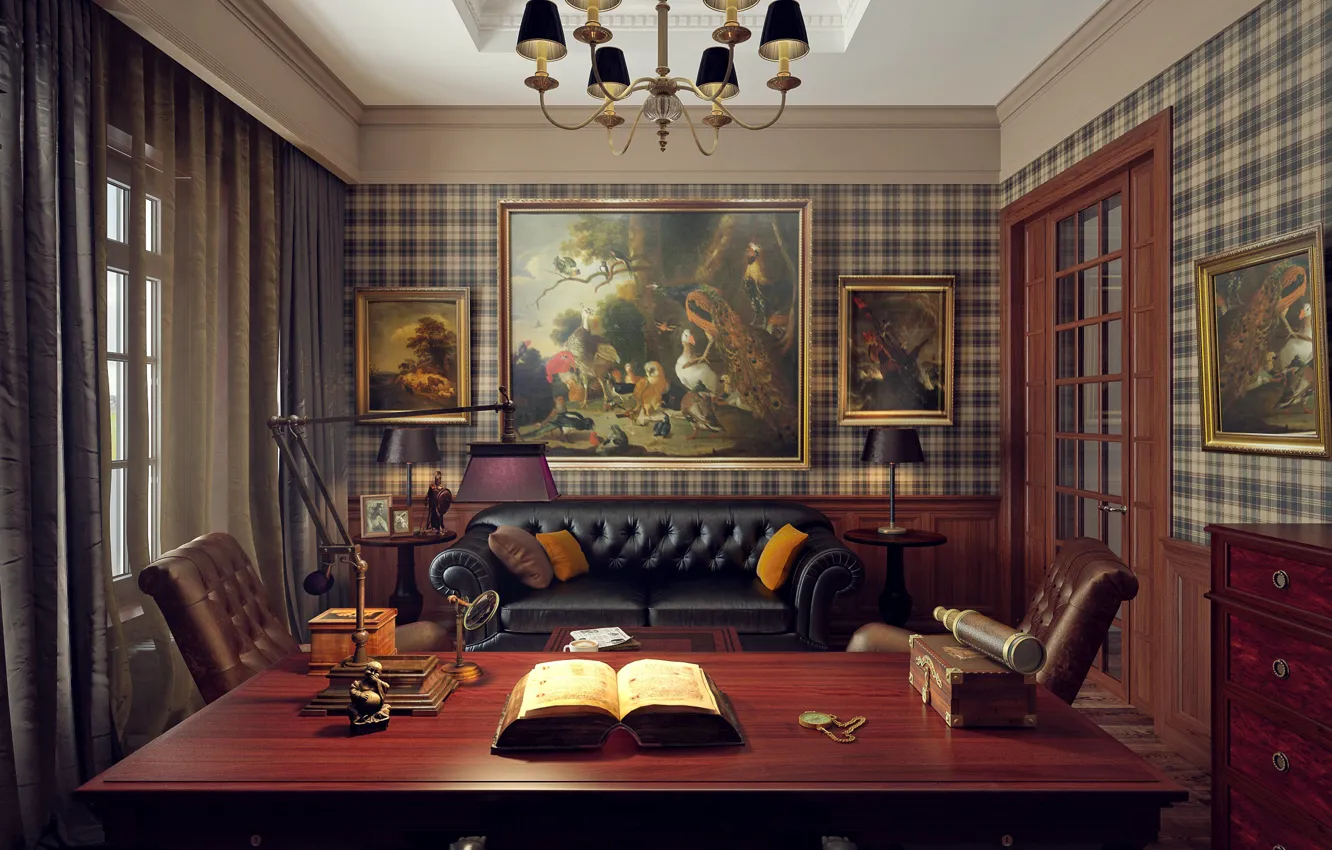 Photo wallpaper design, interior, office, home office, english classical style