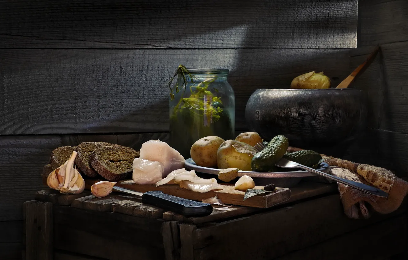 Photo wallpaper cucumbers, garlic, potatoes, fat