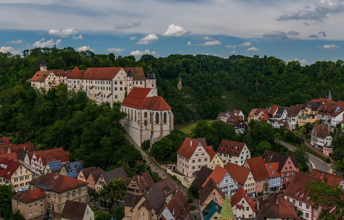 Photo wallpaper roof, greens, forest, summer, the sky, clouds, trees, landscape