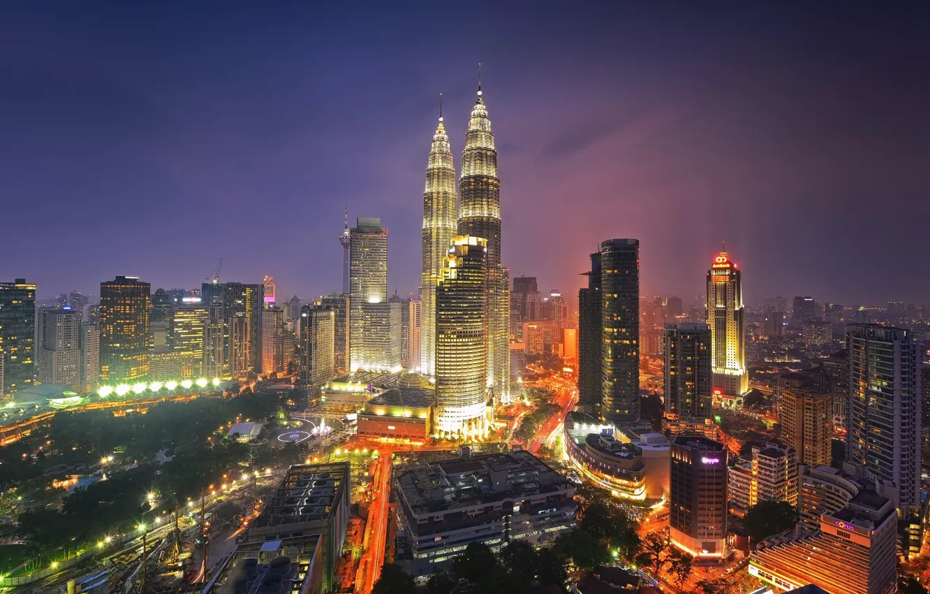 Photo wallpaper landscape, the city, lights, building, lighting, panorama, Malaysia, Kuala Lumpur