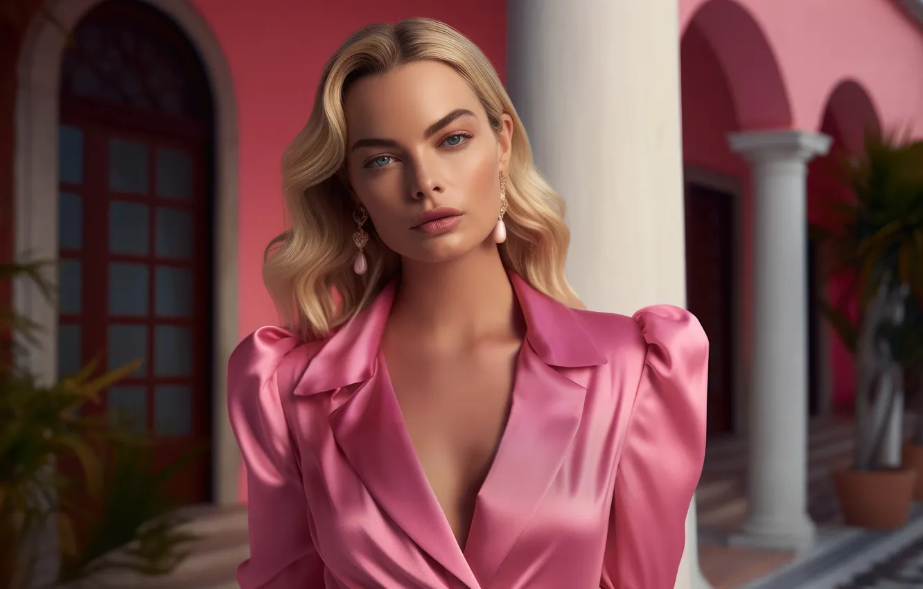 Photo wallpaper look, girl, dress, blonde, lips, Barbie, Margot Robbie, neural network