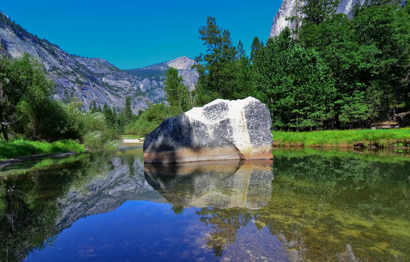 Photo wallpaper the sky, trees, mountains, lake, stones