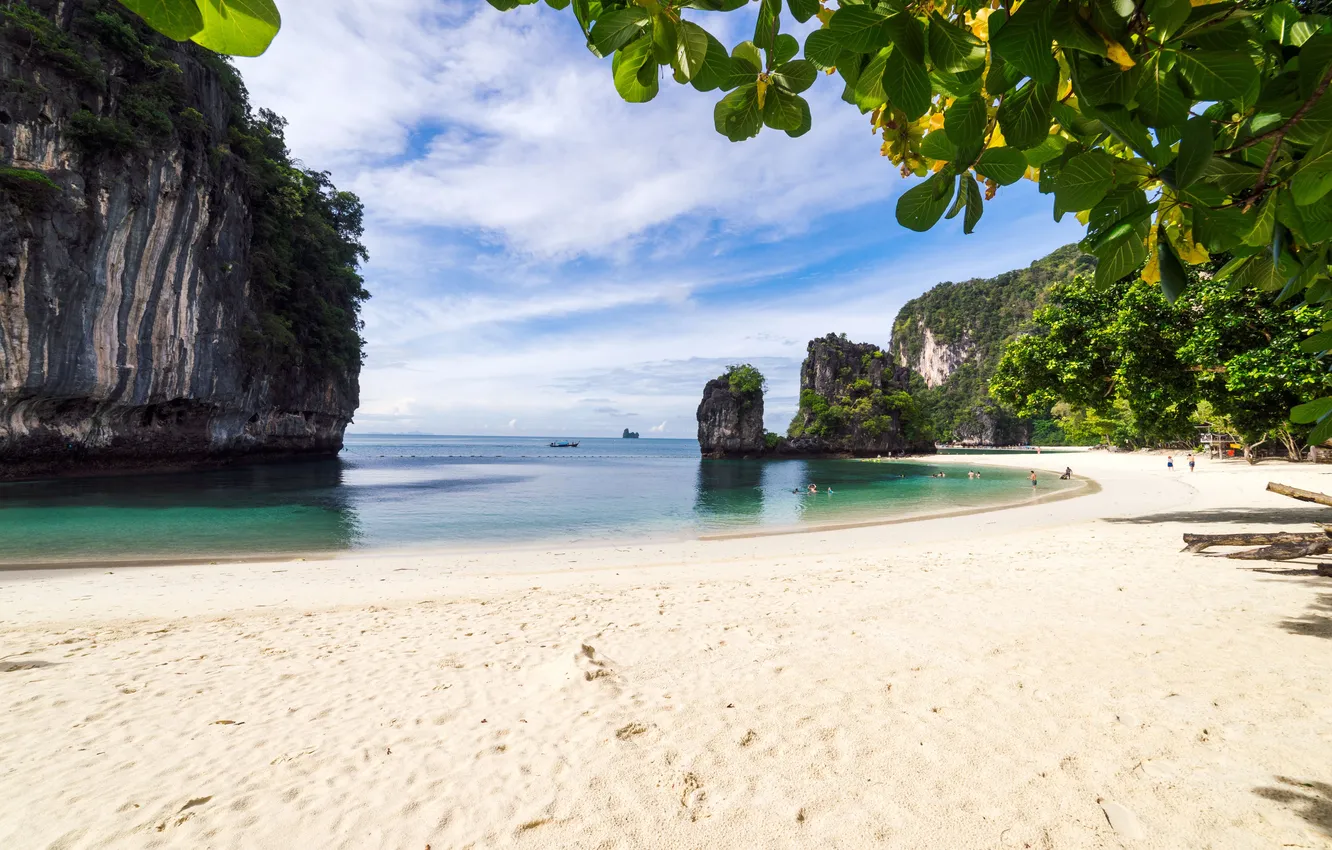 Photo wallpaper sand, beach, the sky, clouds, trees, landscape, mountains, nature