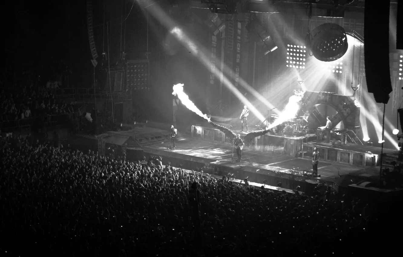 Photo wallpaper lights, scene, wings, concert, black and white, metal, Rammstein, the audience