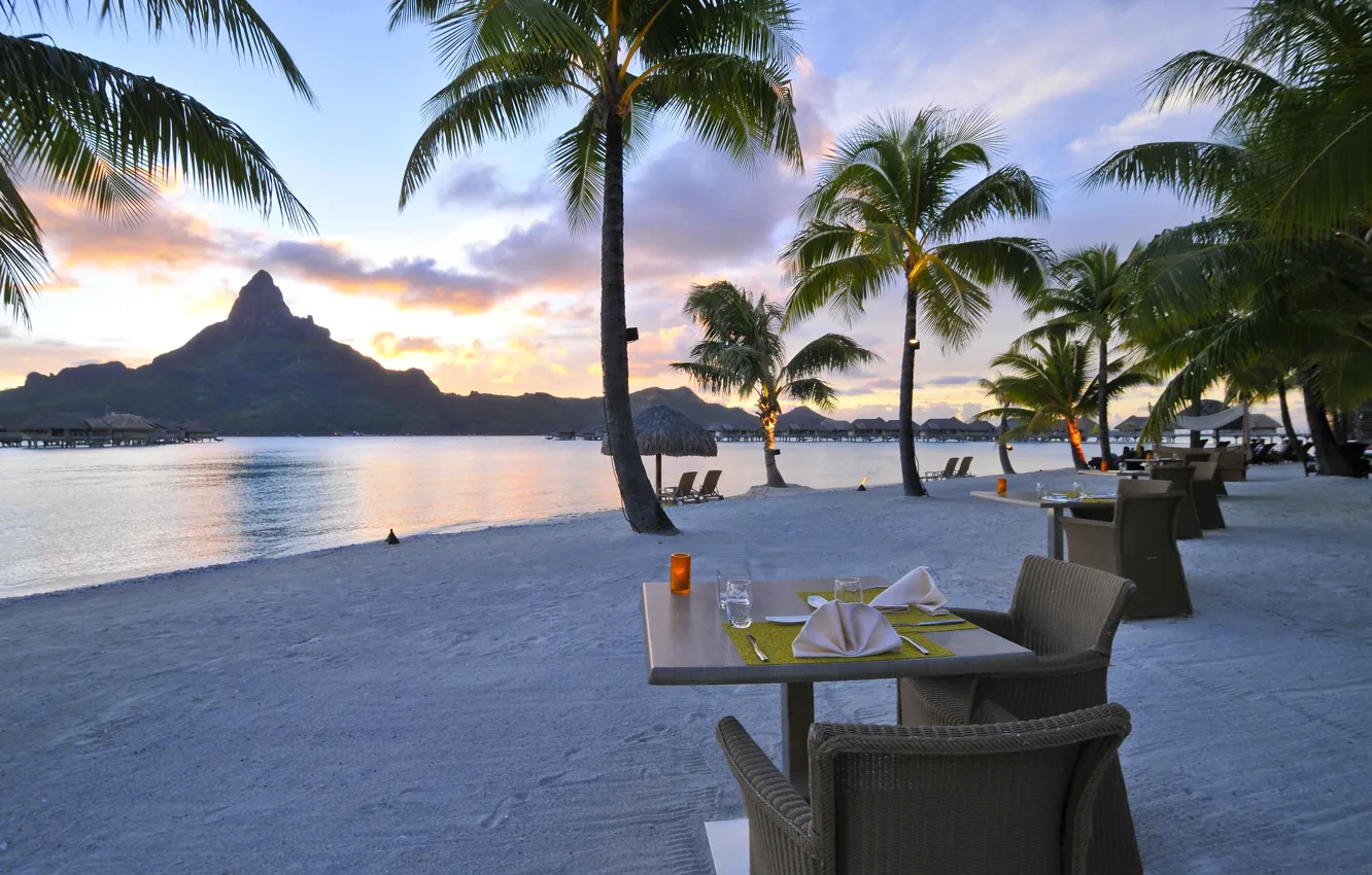 Photo wallpaper beach, ocean, sunset, Bora-Bora, resort, restaurant on the beach, romantic dining
