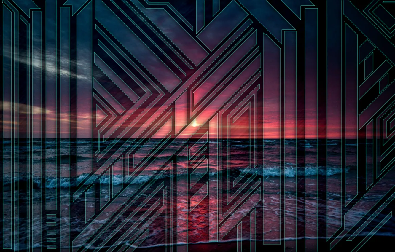 Photo wallpaper sea, wave, the sun, sunset, blue, red, red, sea