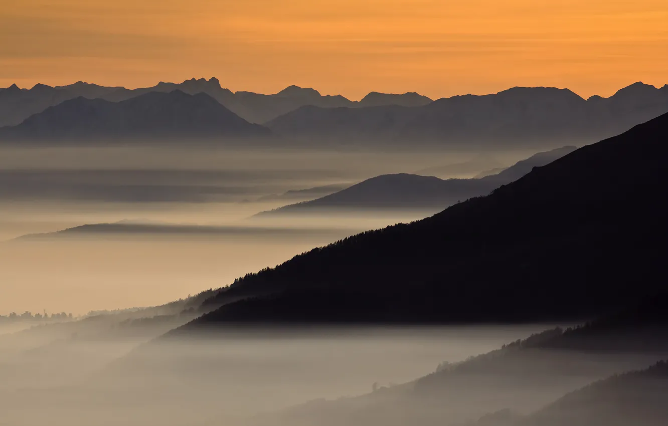 Photo wallpaper the sky, mountains, fog, Apricot Morning