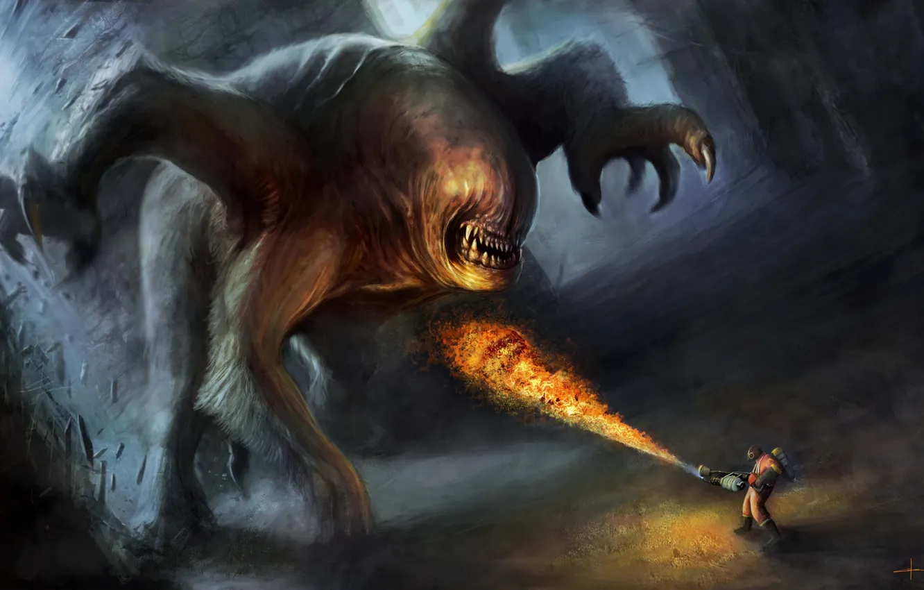 Photo wallpaper lights, people, monster, art, multi-armed, cloudminedesign, flamethrower