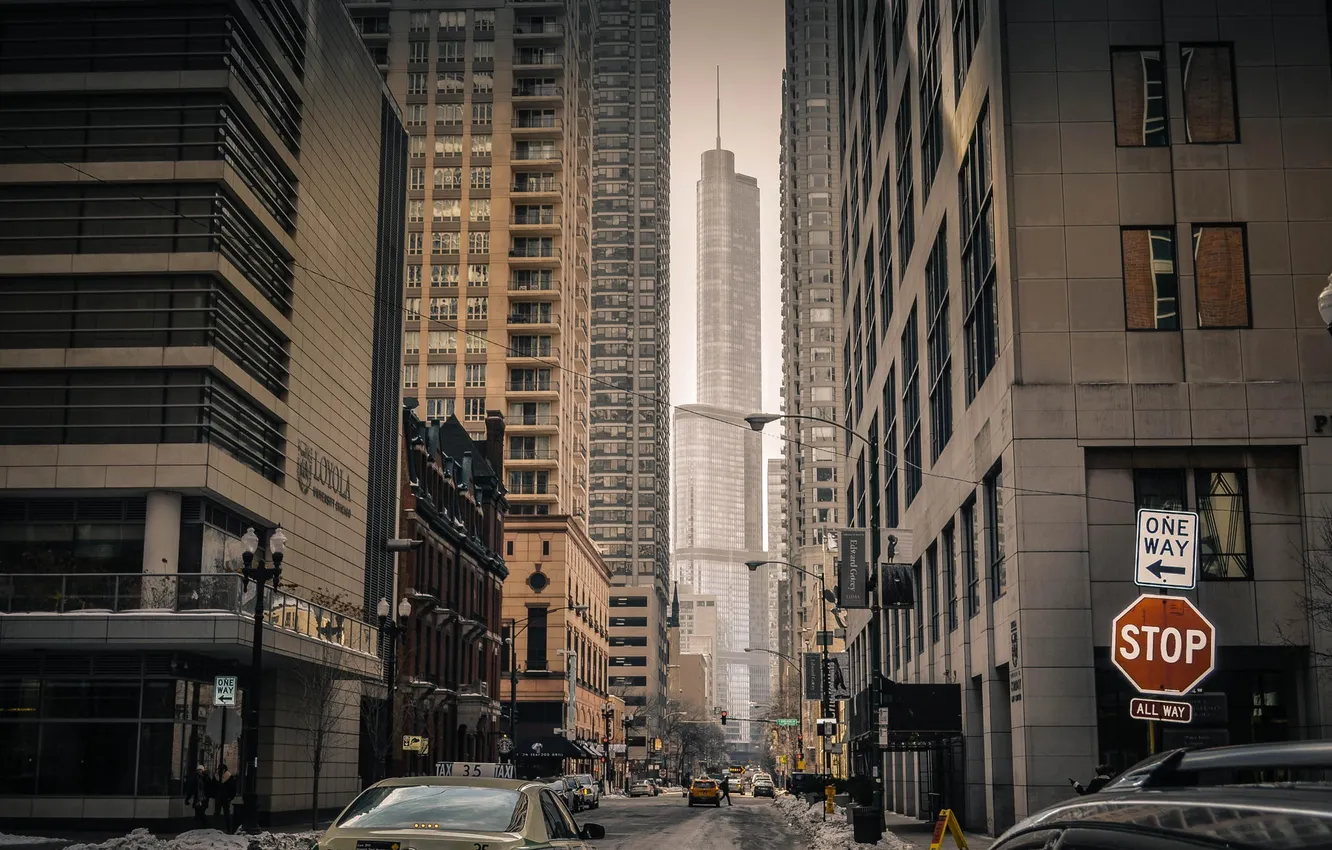 Photo wallpaper winter, snow, building, skyscrapers, Chicago, America, Il, Chicago