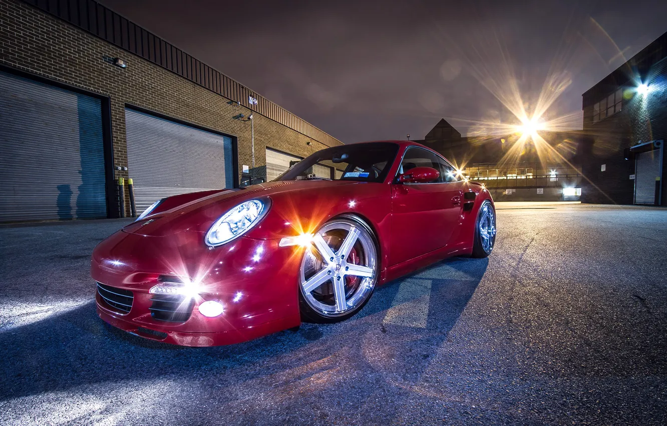Photo wallpaper lights, 911, Porsche, red, tuning, night, glow, Turbo