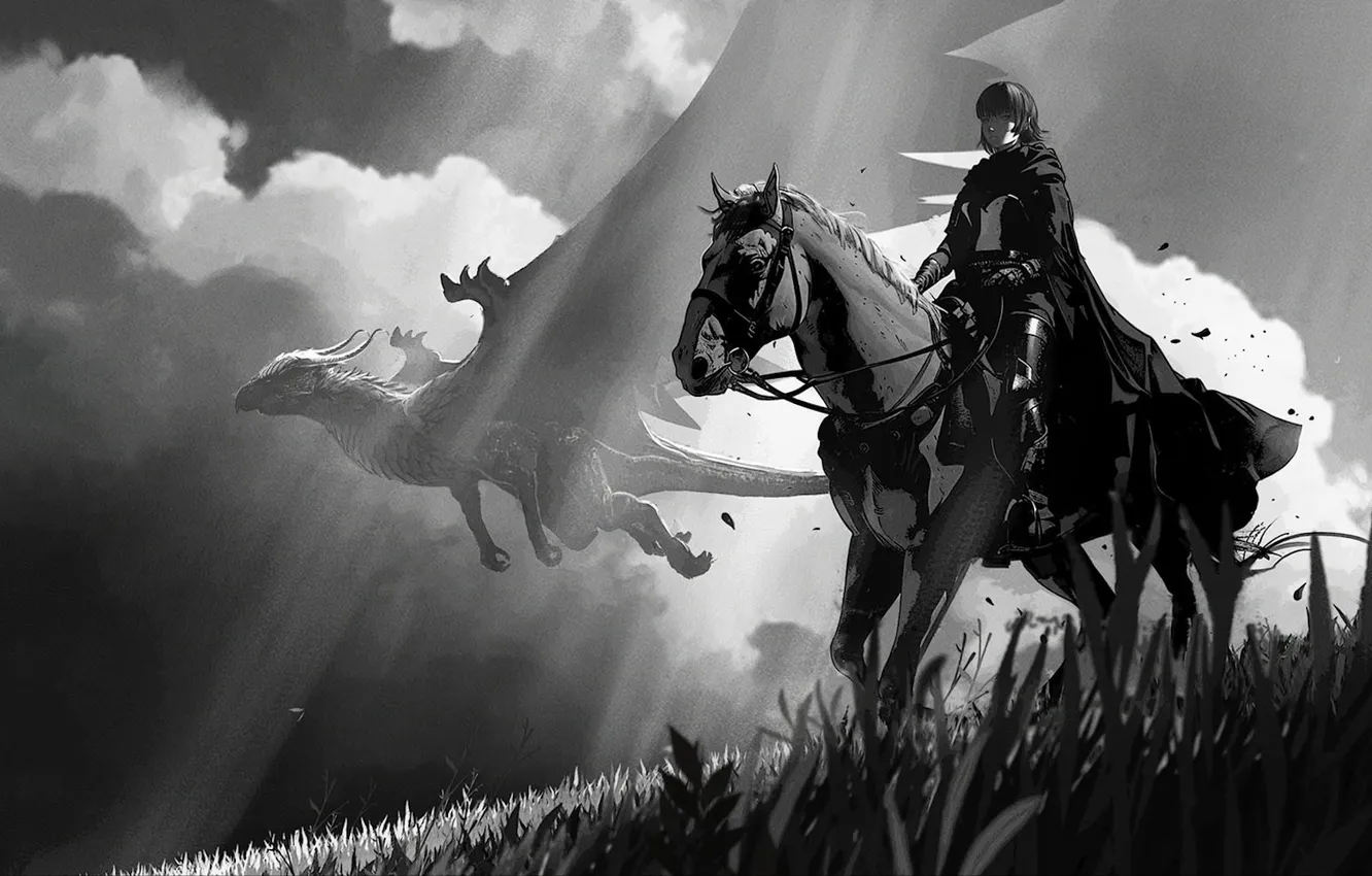 Photo wallpaper black & white, fantasy, armor, sky, monochrome, clouds, dragon, horse
