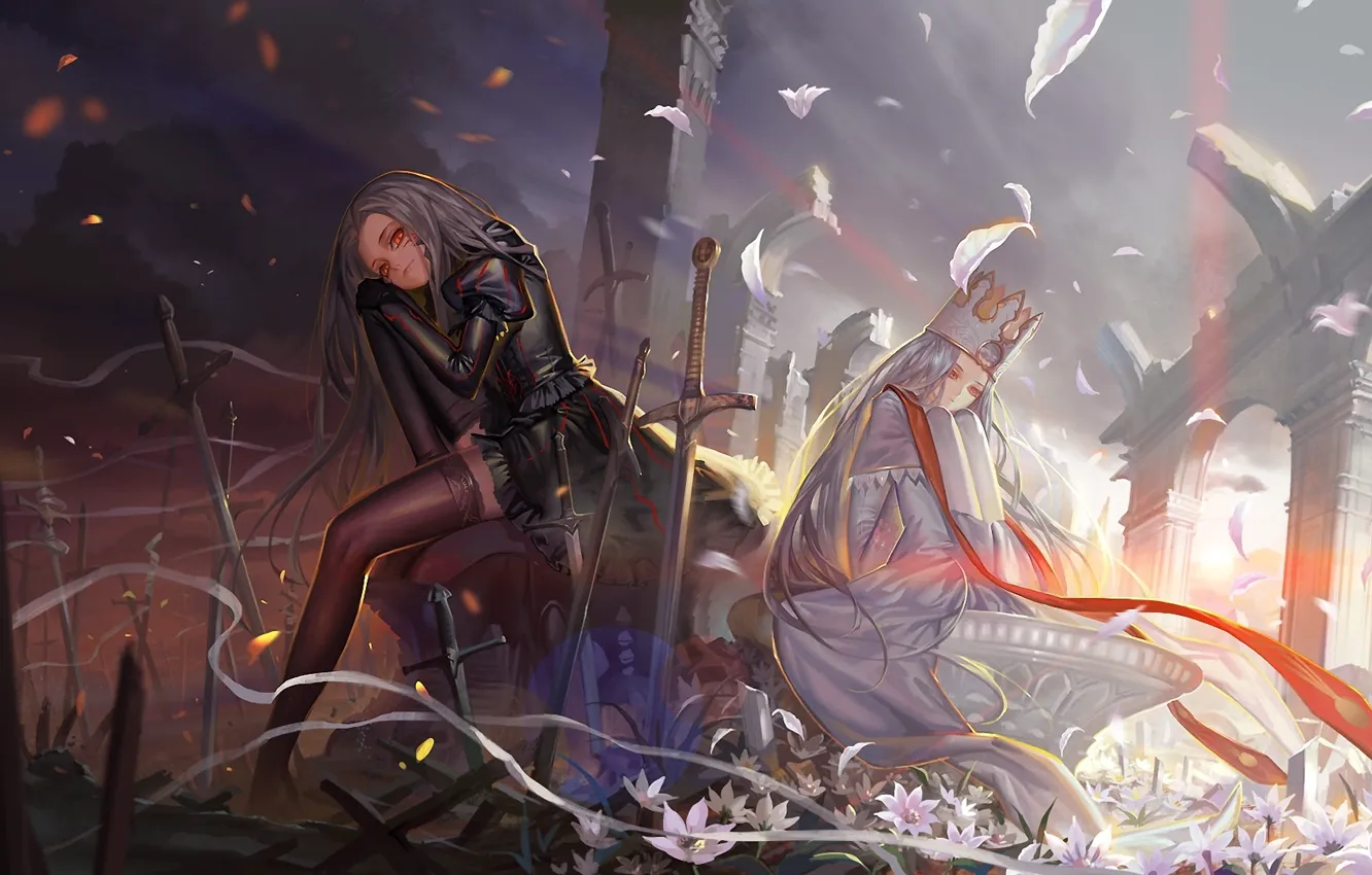 Photo wallpaper flowers, weapons, girls, sword, crown, petals, ruins, arch