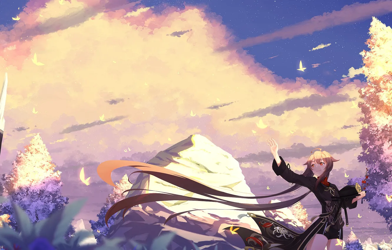 Photo wallpaper the sky, nature, trees, Hu Tao, girl, Genshin Impact, butterfly