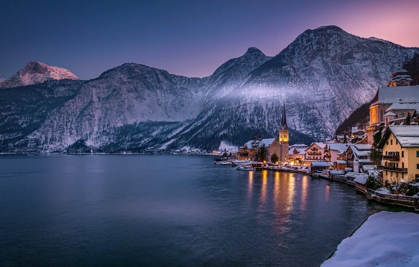 Photo wallpaper winter, mountains, lake, building, home, Austria, Alps, Austria