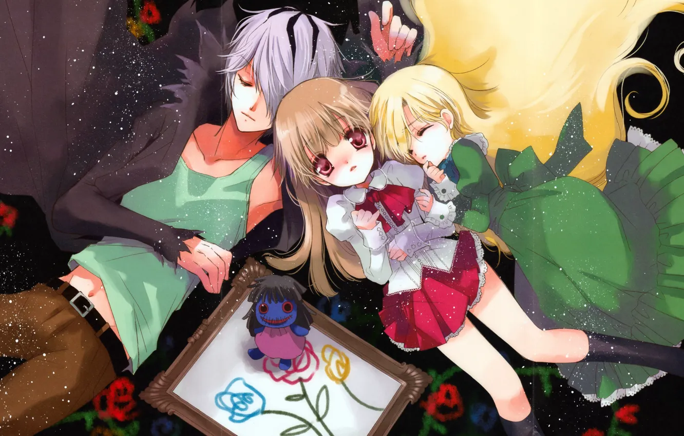 Photo wallpaper picture, doll, dress, guy, game, bow, three, closed eyes