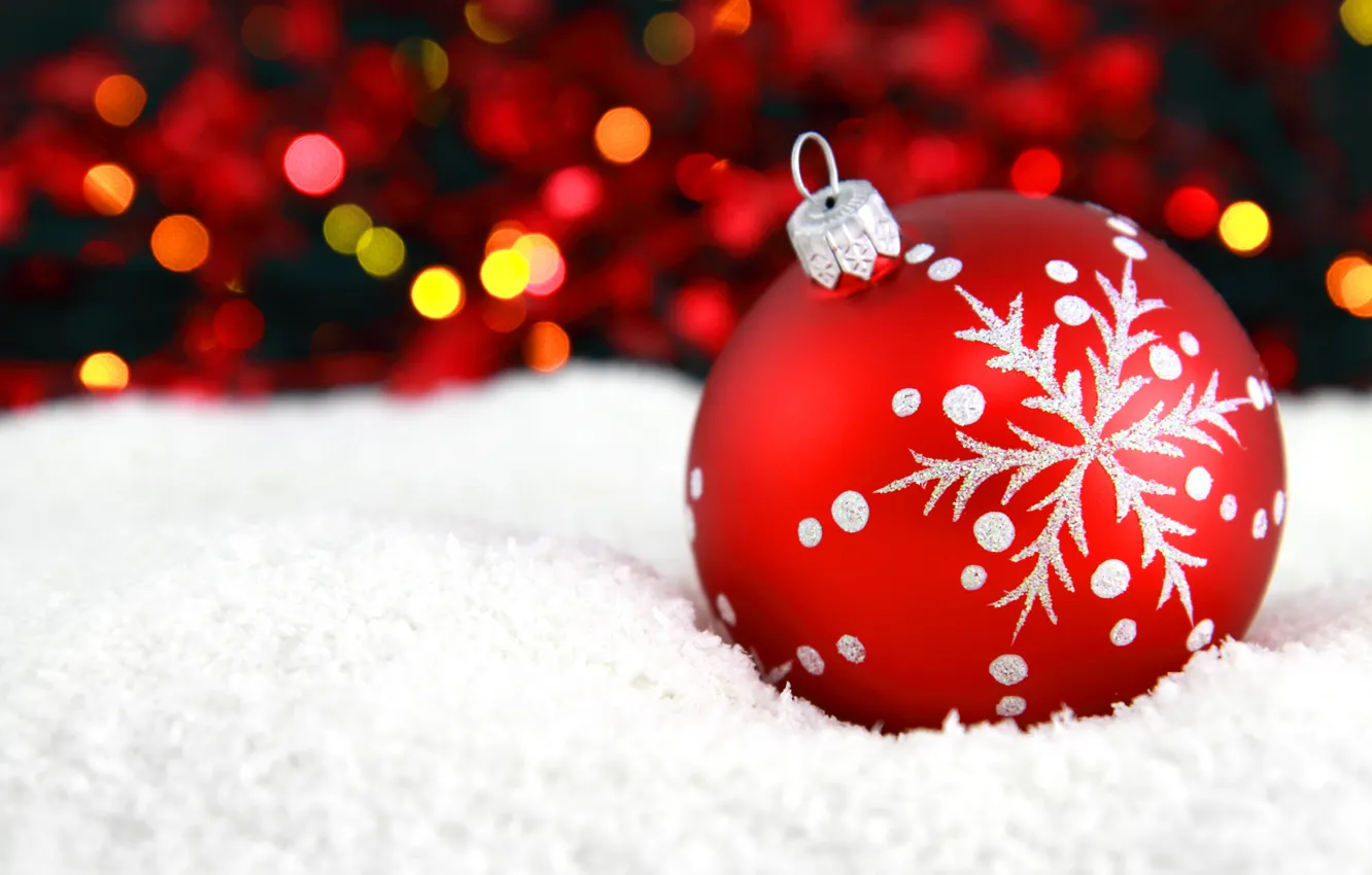 Photo wallpaper snow, snowflakes, red, balls, pattern, toy, new year, Christmas