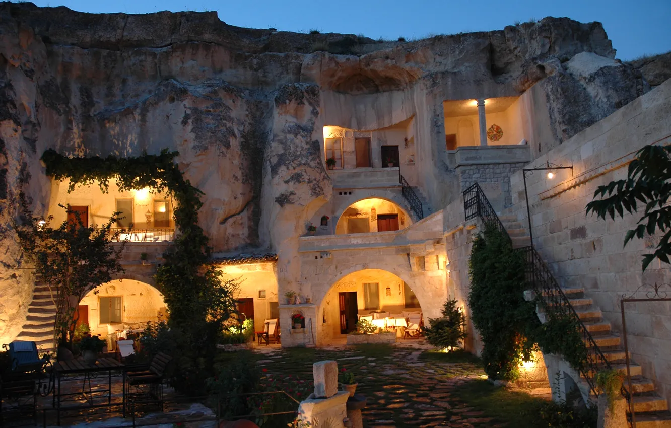 Photo wallpaper the sky, light, rocks, stage, Turkey, housing, Cappadocia