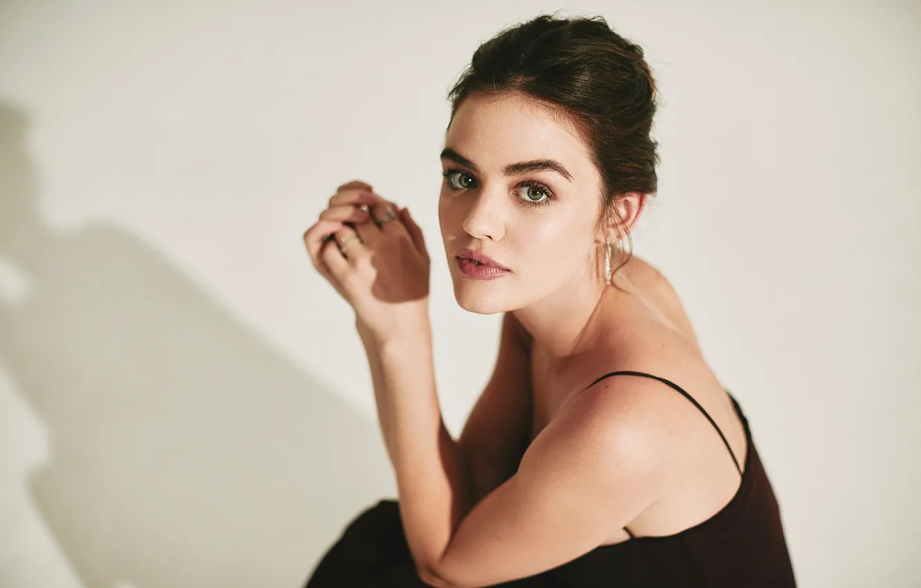 Photo wallpaper look, girl, face, pose, dress, shoulders, Lucy Hale