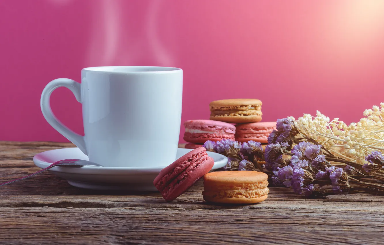 Photo wallpaper flowers, coffee, cake, pasta