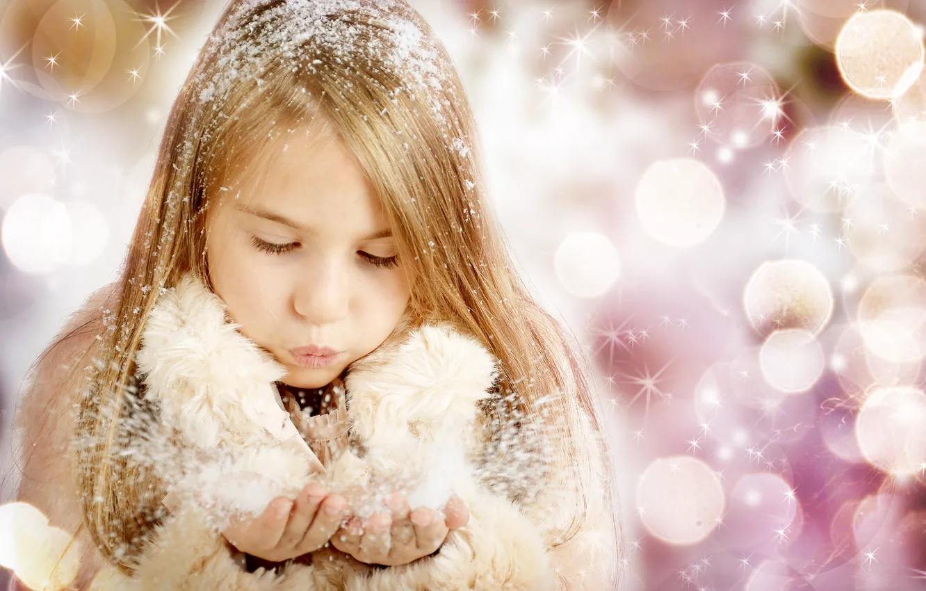 Photo wallpaper snow, children, child, New year, new year, happy, snow, bokeh