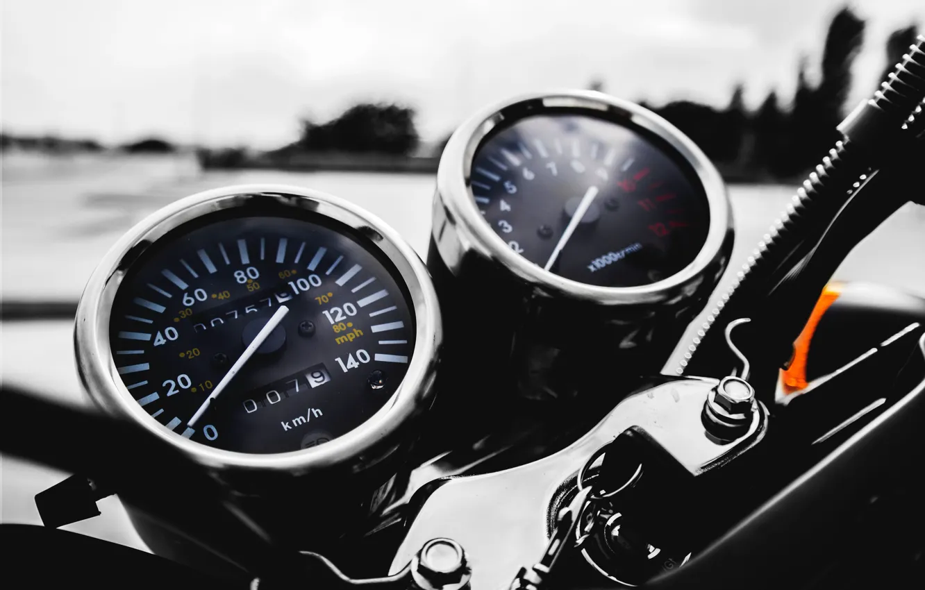 Photo wallpaper Macro, Speedometer, Motorcycle, Devices, The wheel, Tachometer, The ignition switch