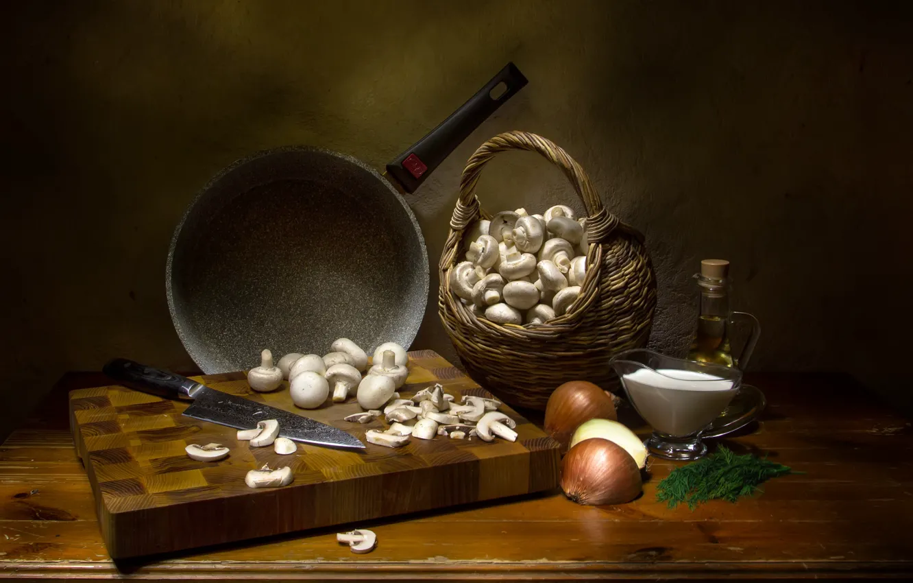 Photo wallpaper sour cream, cutting Board, pan, table, cutting, mushrooms, basket, still life
