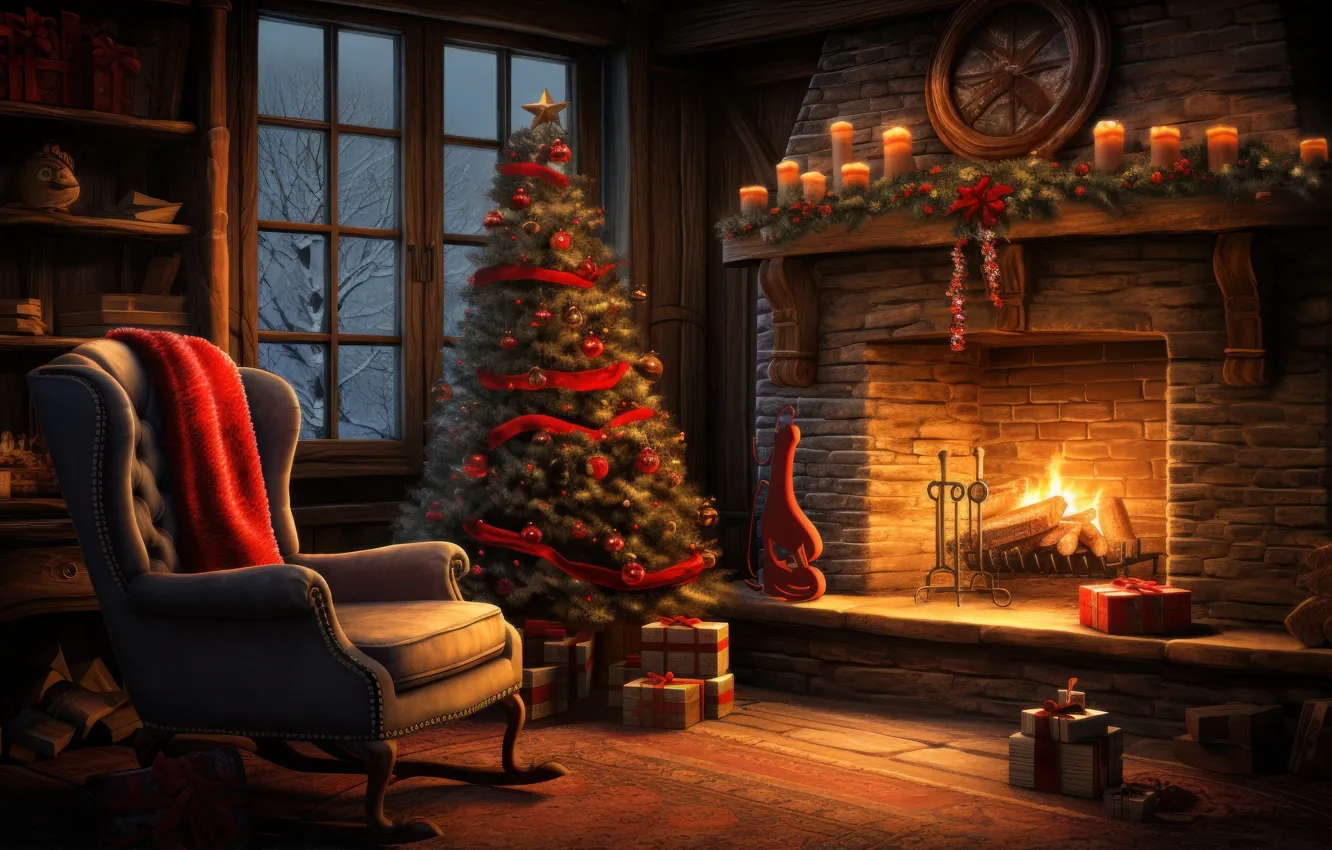 Photo wallpaper lights, comfort, heat, room, flame, furniture, new year, home