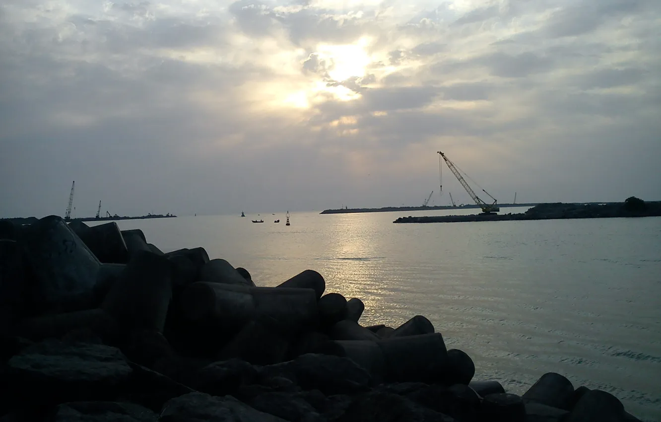 Photo wallpaper sunrise, boat, lantern, Sea, Iran, crane, breakwater, Caspian
