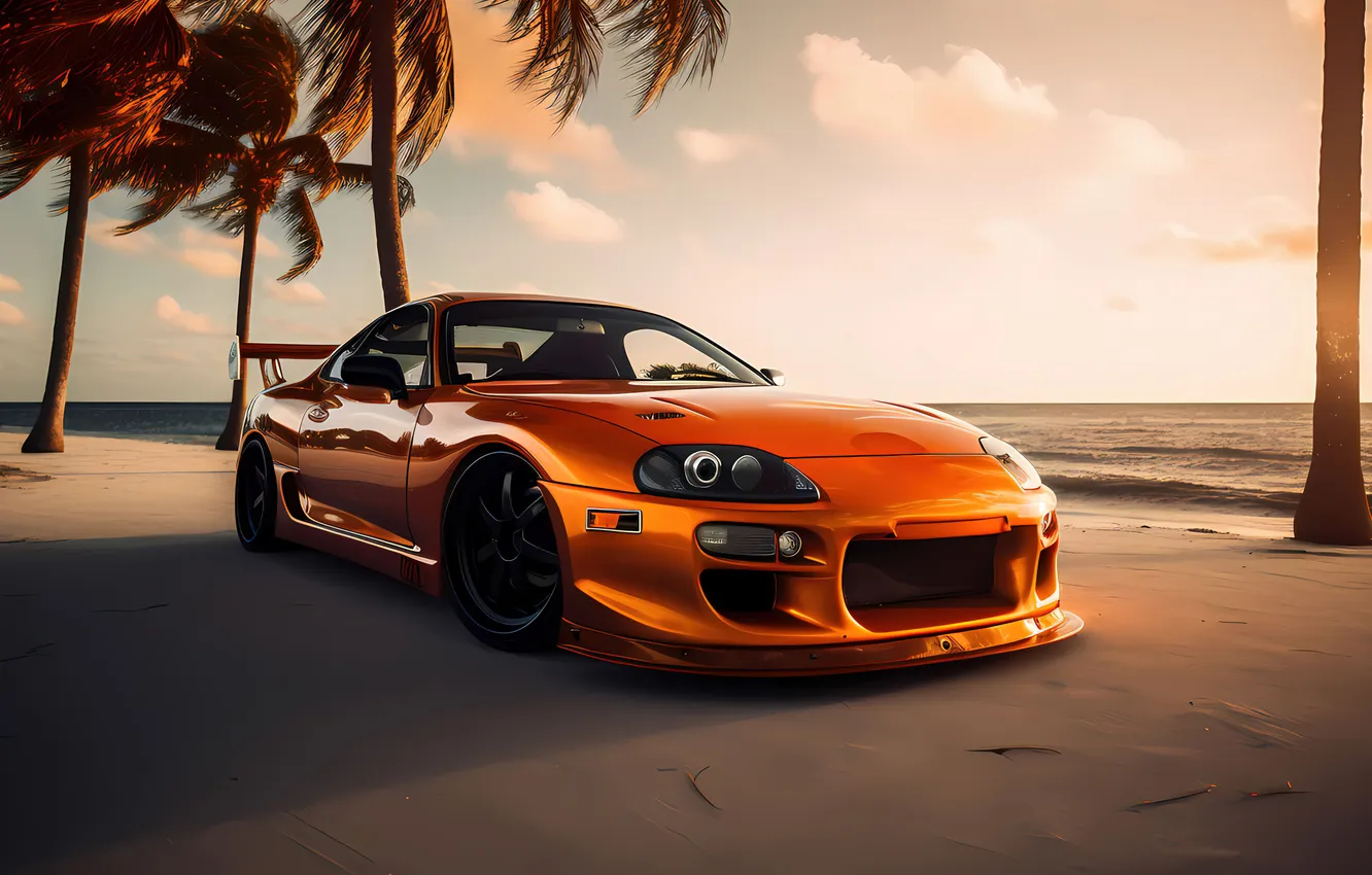 Photo wallpaper Toyota, cars, Toyota Supra, JDM, japanese, tropical beach, Tuning Car, Drag Racing Car