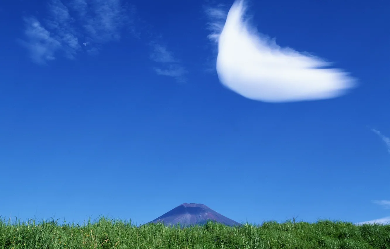Photo wallpaper grass, clouds, blue, mountain