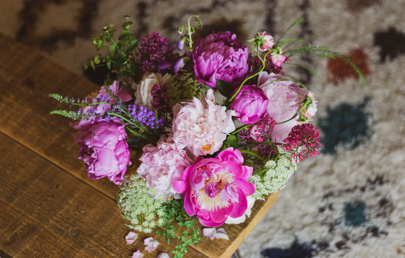 Photo wallpaper flowers, Board, bouquet, pink, different, the view from the top, bokeh, peonies