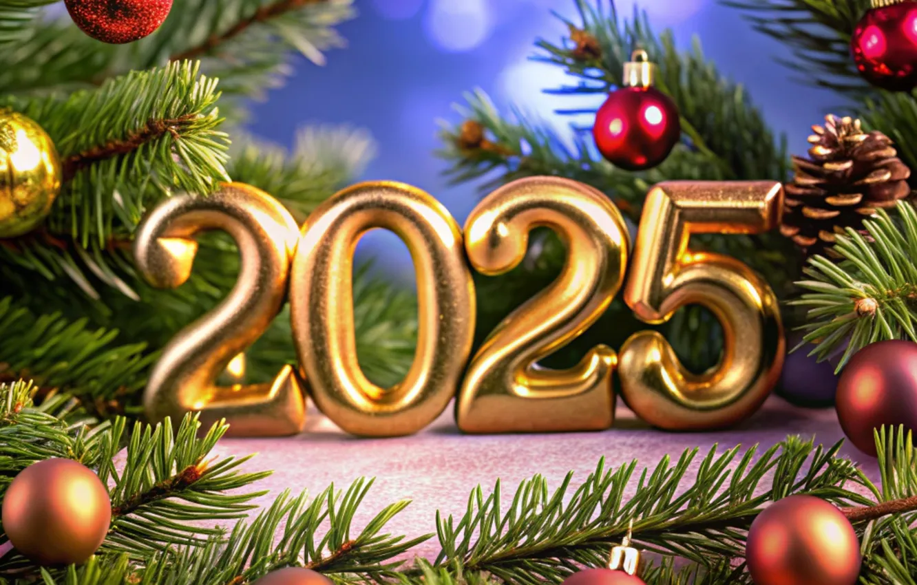 Photo wallpaper decoration, balls, tree, figures, New year, golden, new year, bokeh