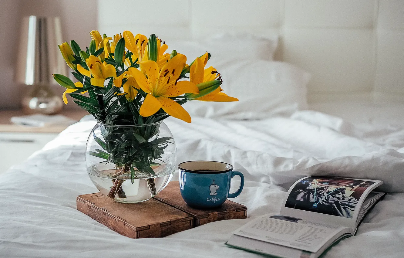 Photo wallpaper comfort, coffee, bouquet, morning, book