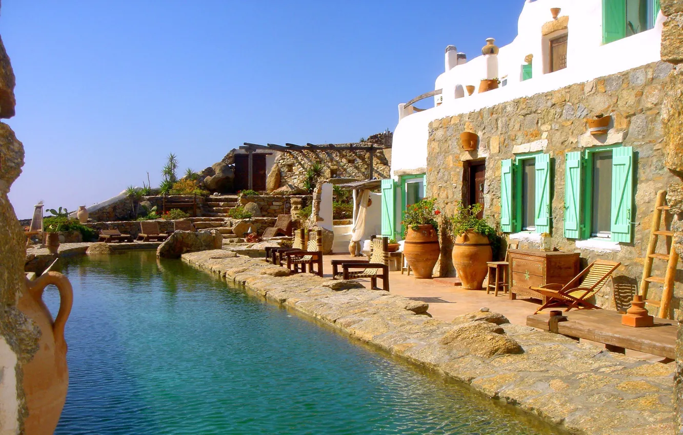 Photo wallpaper design, style, Villa, pool, Greece, architecture, Mykonos, Drakothea