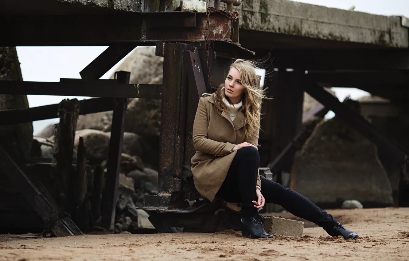 Photo wallpaper light, red, girl, white, beach, sky, dress, sea