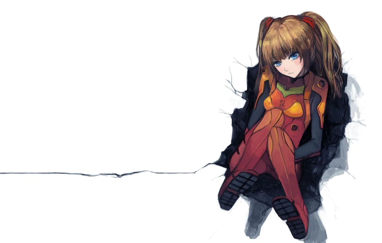 Photo wallpaper cracked, red, blue eyes, Neon Genesis Evangelion, art, Asuka Langley Soryu, two tails, jumpsuit.