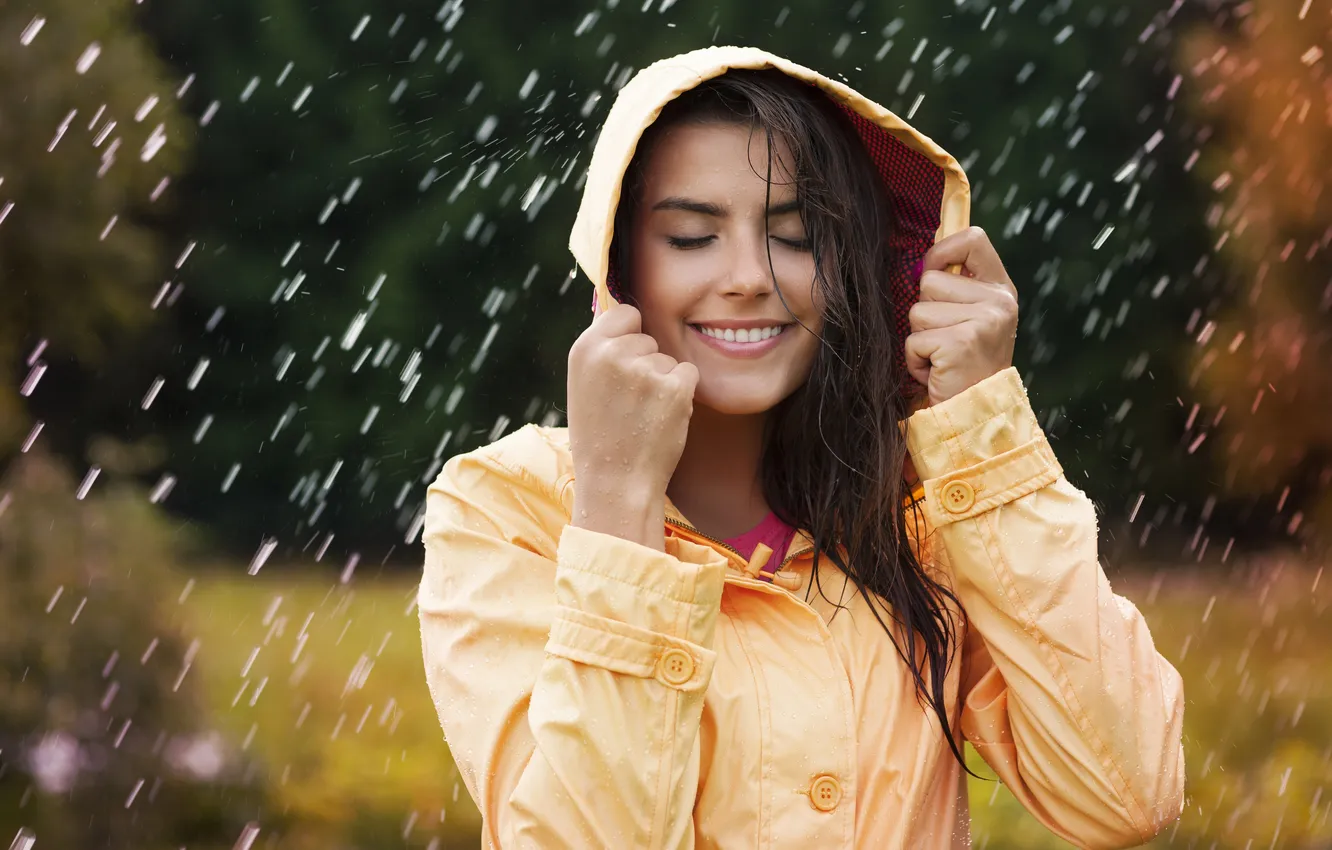 Photo wallpaper girl, smile, rain, hood, wet hair