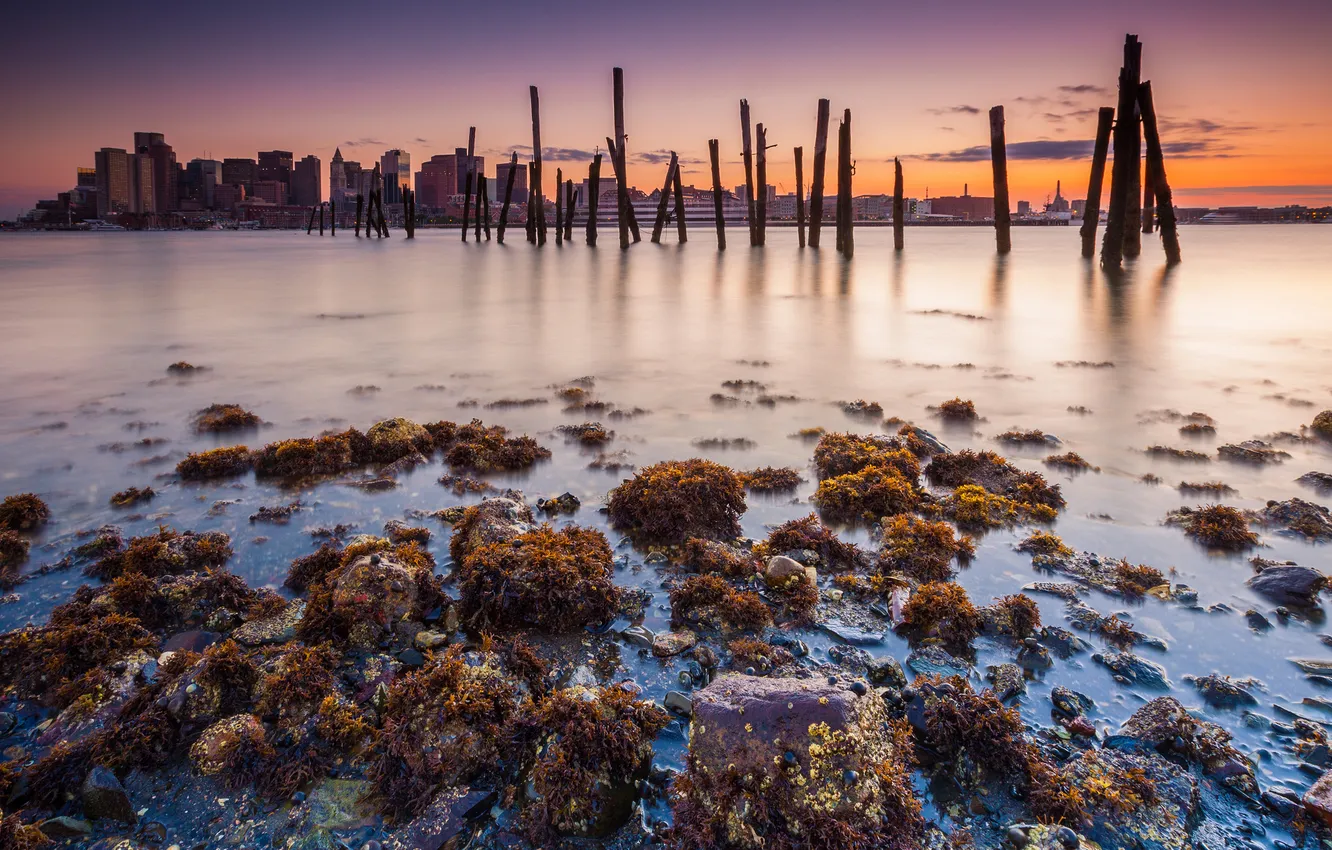 Photo wallpaper the city, river, stones, dawn, shore, Boston, piles
