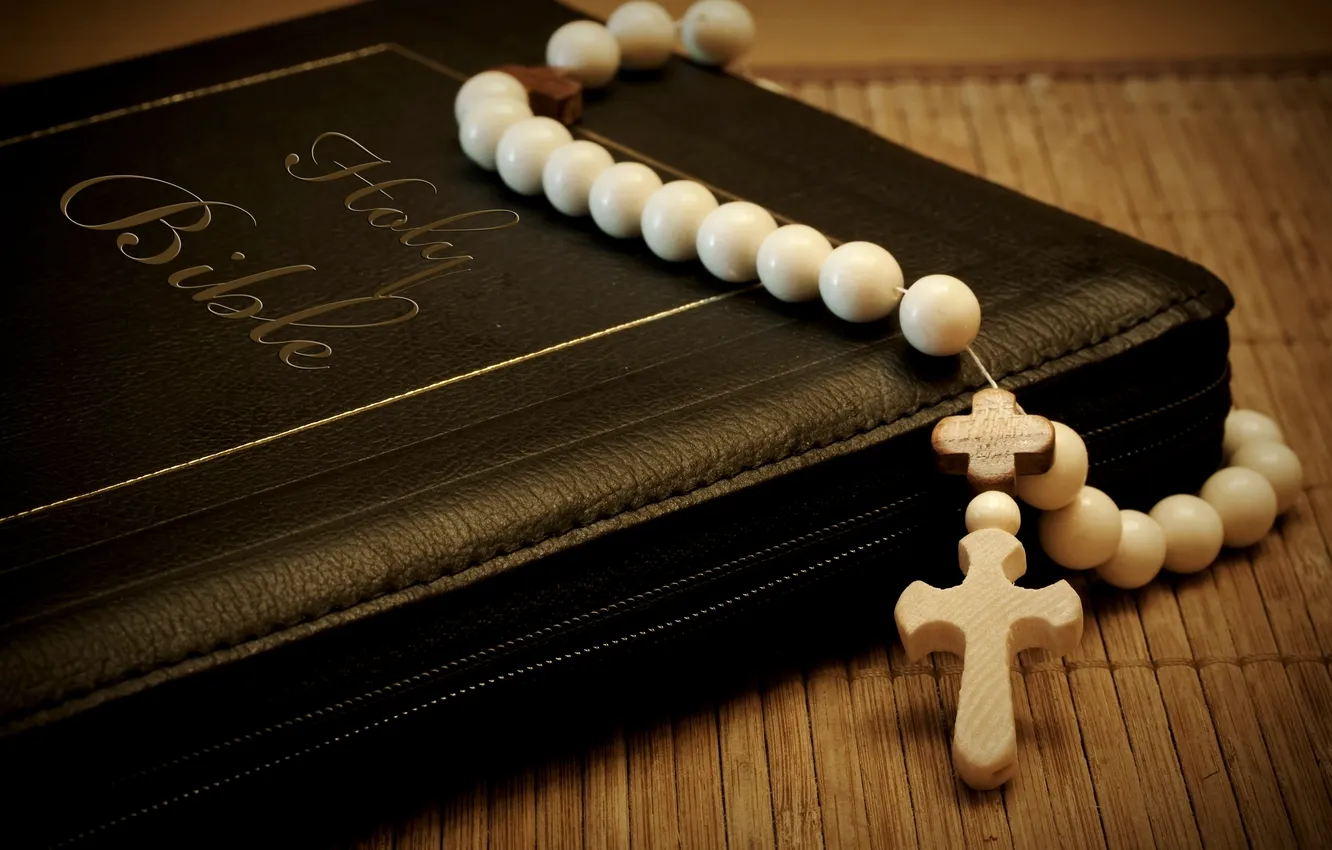 Photo wallpaper cross, book, beads, the Bible, rosary