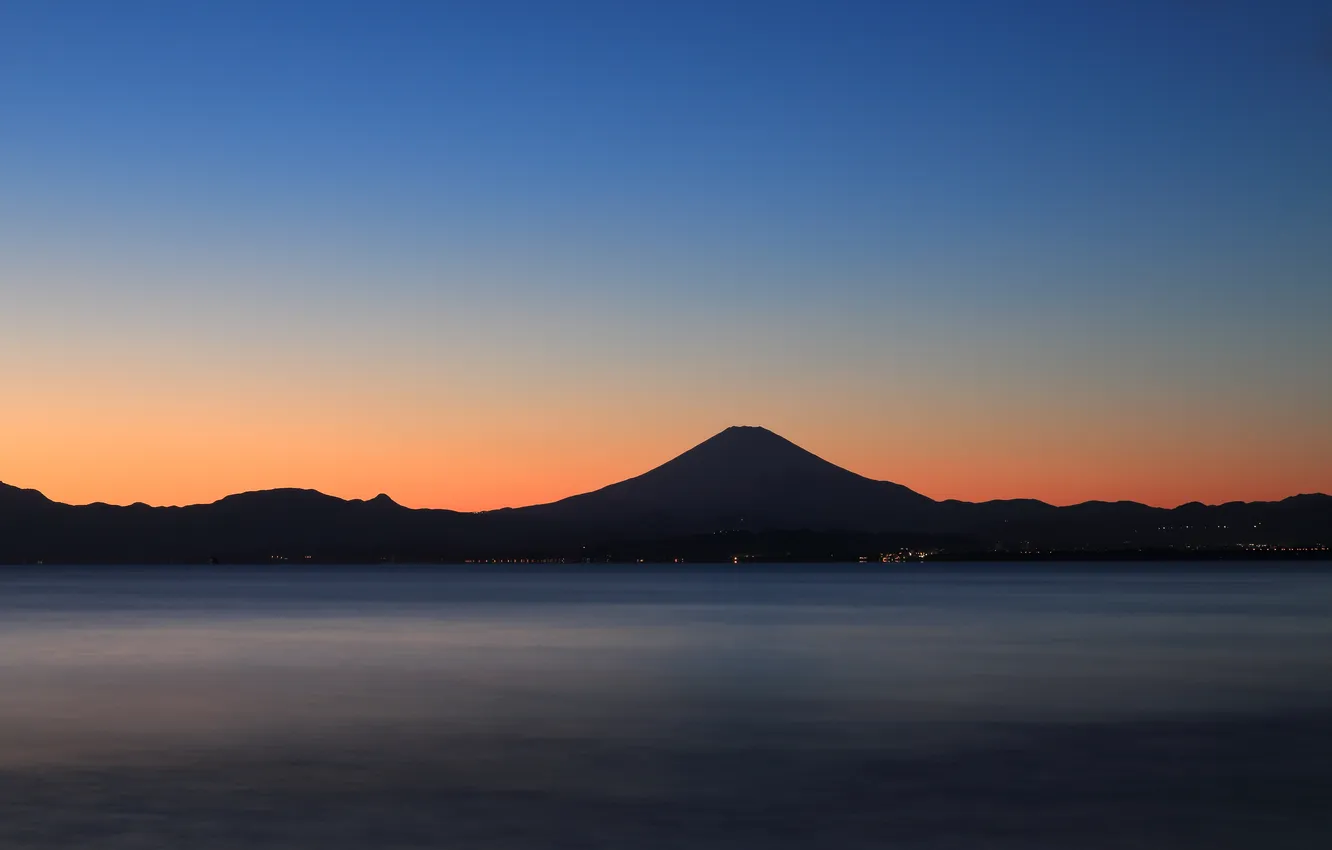 Photo wallpaper mountains, lake, the evening, Japan, horizon, twilight, Fuji