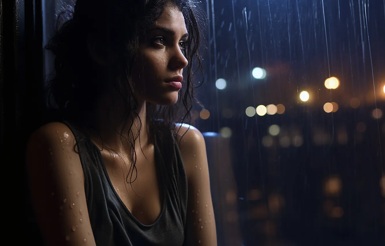 Photo wallpaper look, girl, face, rain, portrait, AI art, neural network