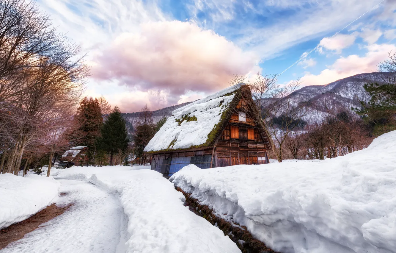 Photo wallpaper winter, road, snow, house