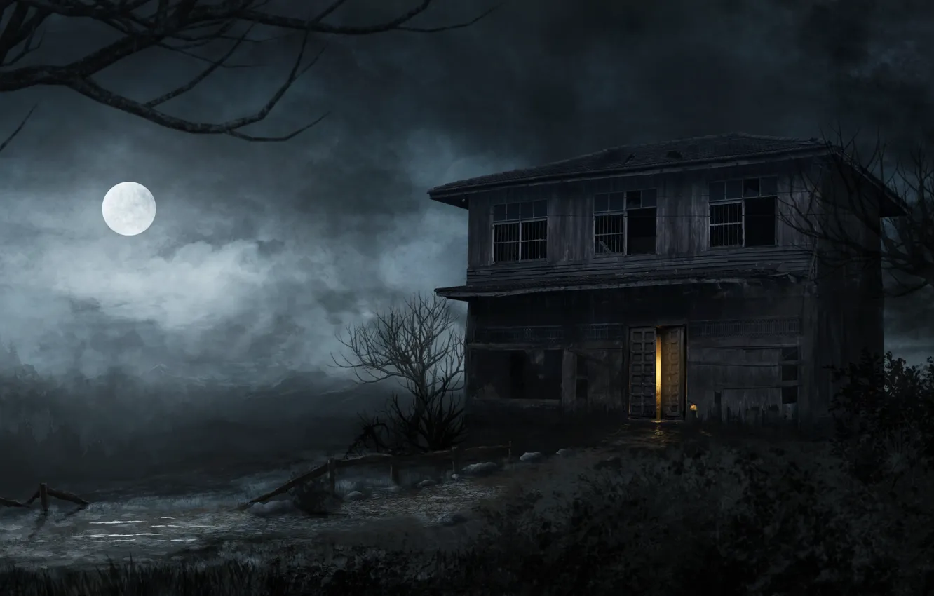 Photo wallpaper night, house, tree, the moon, swamp, haunted house