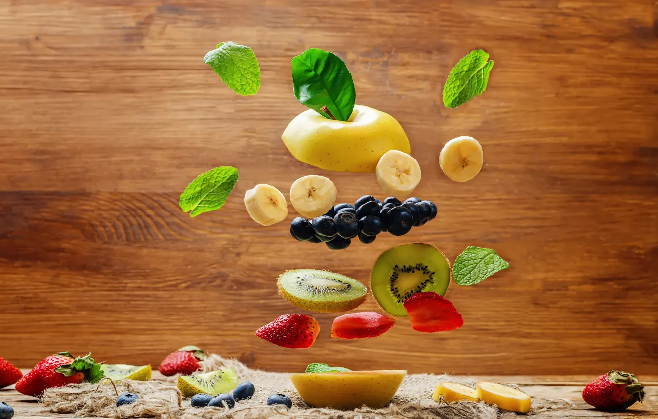 Photo wallpaper Apple, blueberries, strawberry, banana