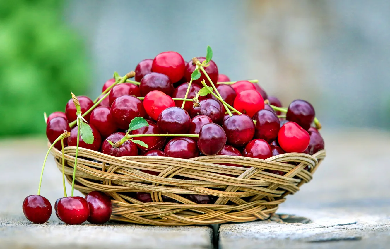 Photo wallpaper cherry, berries, basket