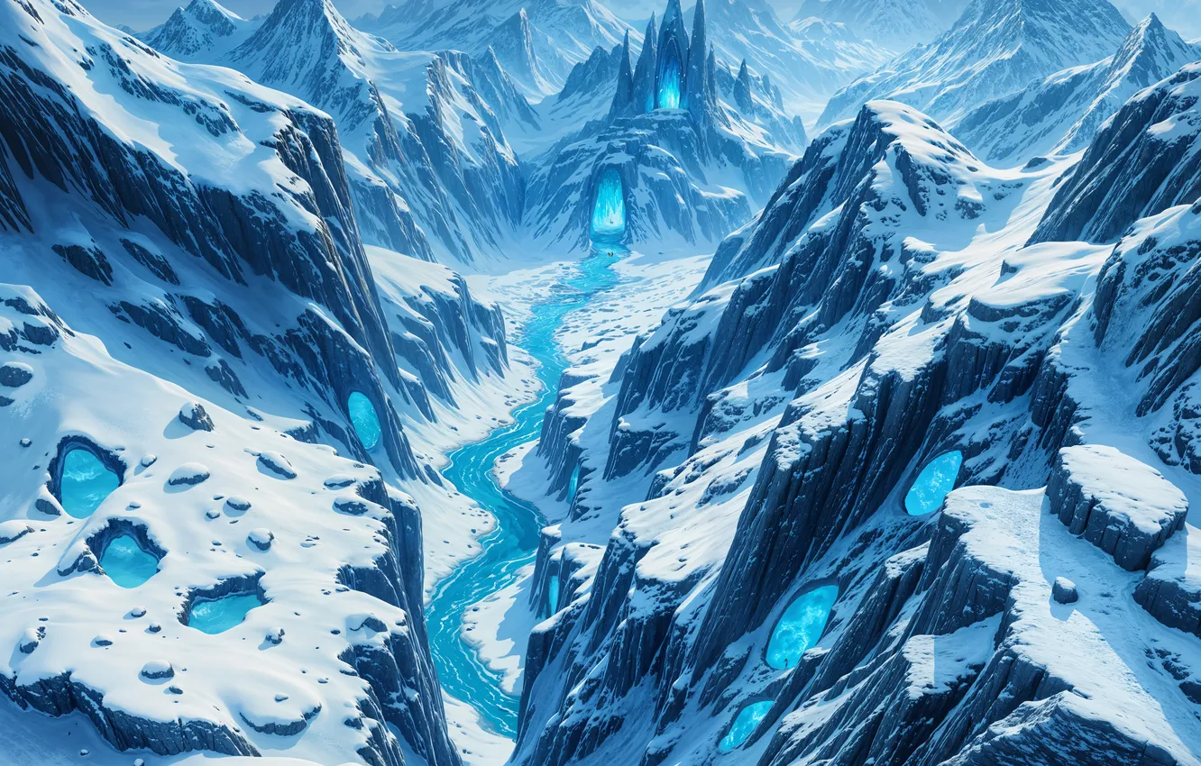 Photo wallpaper winter, snow, mountains, fog, river, stones, rocks, tops